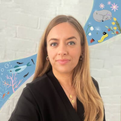 Rose Lihou, a blonde woman, is set against a pale backdrop with a blue diagonal illustrated swathe behind her, in which are illustrated birds and insects